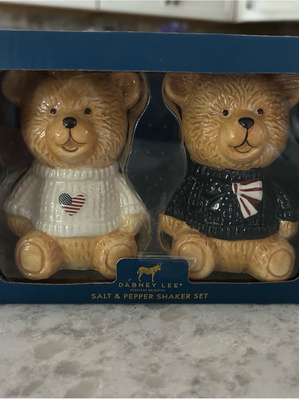 “New” Dabney Lee Brown Bear Salt & Pepper Shaker Set in Patriotic Sweaters